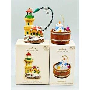 Hallmark Keepsake Magic Lighthouse Hot Tub Snowman Christmas Ornament Lot of‎ 2